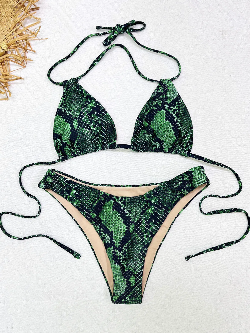 Lady's clothing sexy snake swimsuits bathing swimming suit for women bikinis brazilian set bikini padded print push up green red