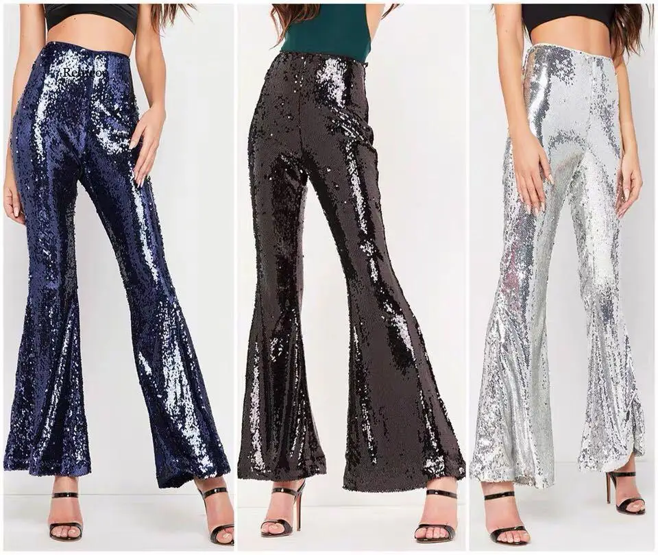 Women Casual Sequin Glitter Skinny Flare Pants High Waist Stretch Slim Pencil Trousers Joggers