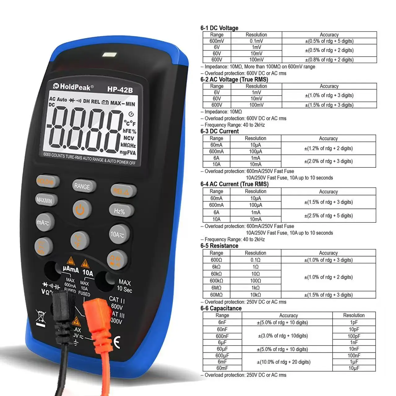6000 Counts True RMS Digital Multimeter Keys Type AC DC Voltage Current Ohm Capacitance Frequency Duty Cycle NCV Temp Tester
