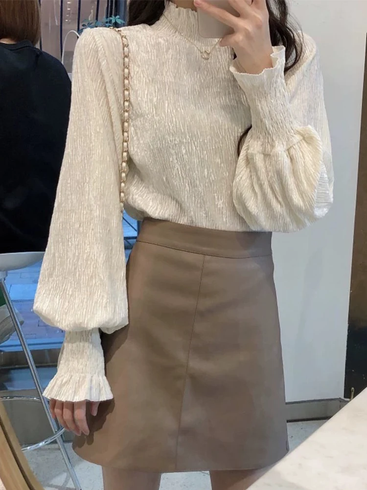 

Princ Sle Кружевной топ с высоким воротником irt Женский базовый топ Bubble Sve Design Корейский облегающий длинный цвет све