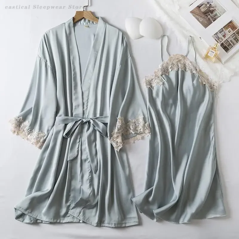 

Sexy Lace Nighty&Robe Set Female Sleepwear Summer New Bathrobe Nightgown Satin Nightwear Suspender Nightdress Home Dressing Gown