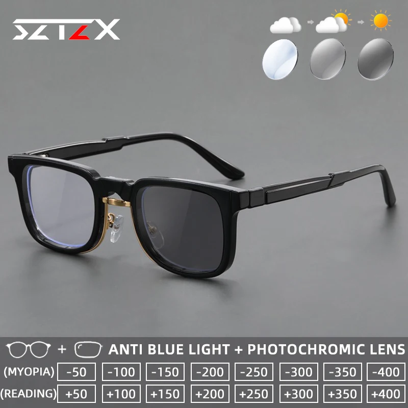 

SZTZX Classic Versatile Casual Style Photochromic Anti Blue Light Myopia Glasses Square Progressive Prescription Reading Glasses