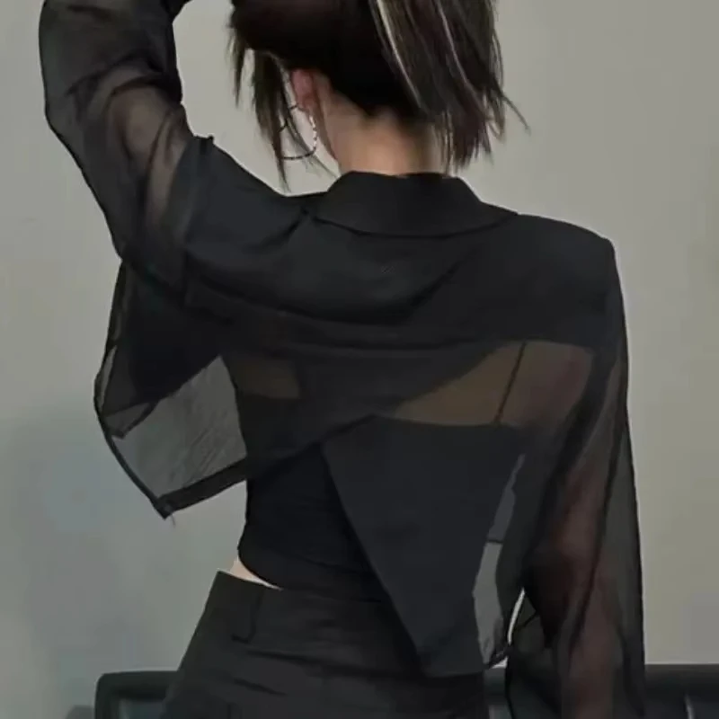Sun-proof Blazers Women Cropped See-through Back-slit Summer Aesthetic Patchwork Streetwear Office Lady Fashionable Outwear 2025