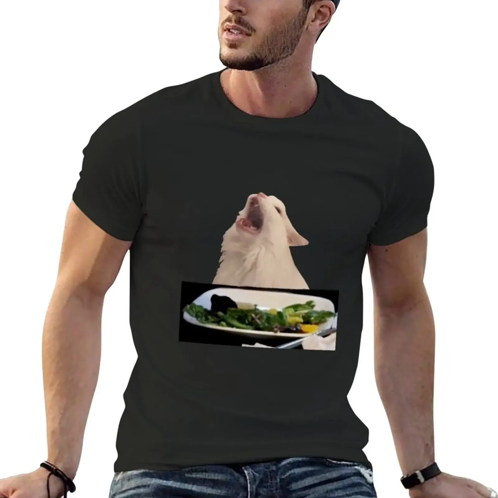 

Cat Meowing at Table Meme T-Shirt blacks oversized graphic tee men t shirts