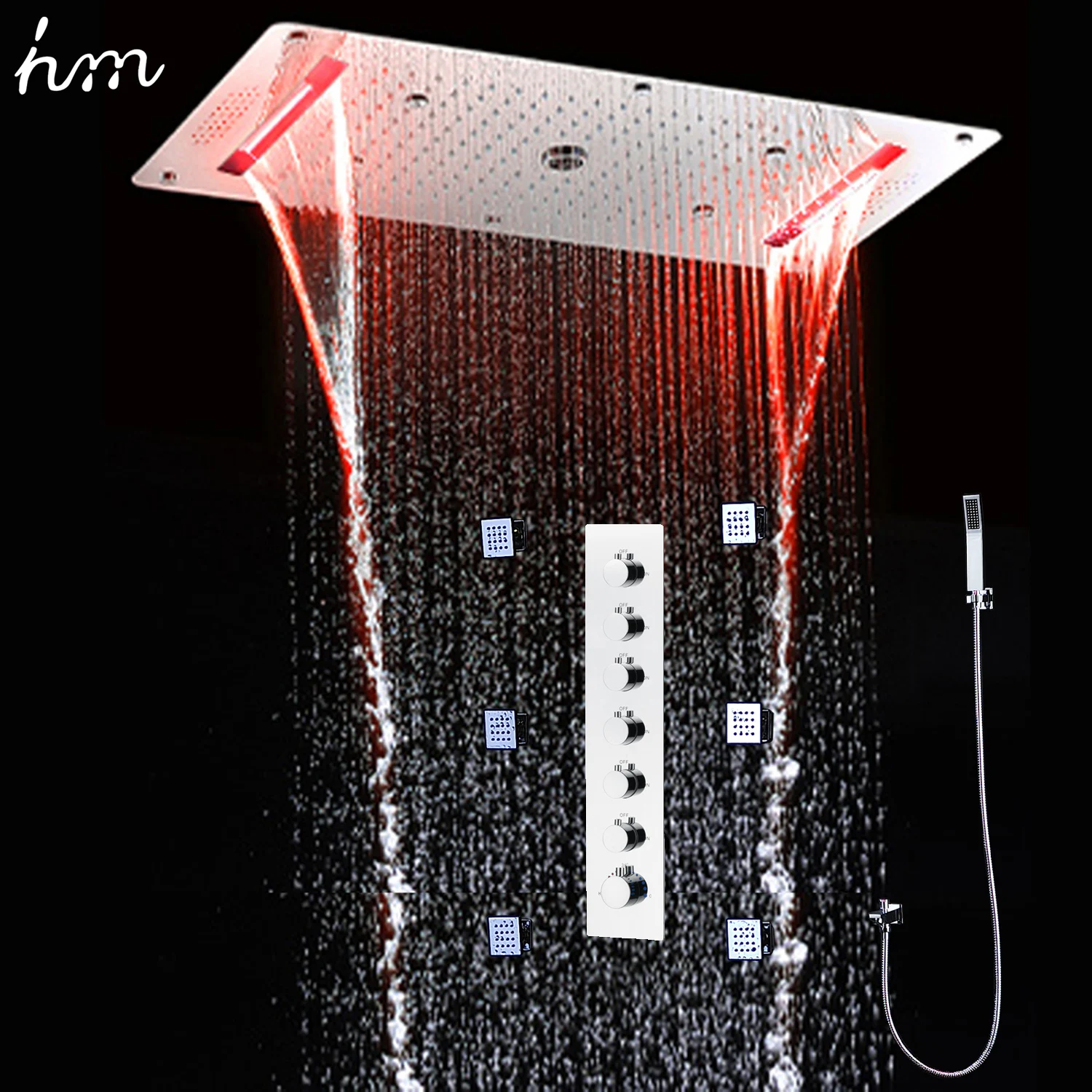 hm Europe Style Music LED Shower Head System Mist Spray Waterfall Rainfall Shower Set Thermostatic Mixer Faucet With Side Jets