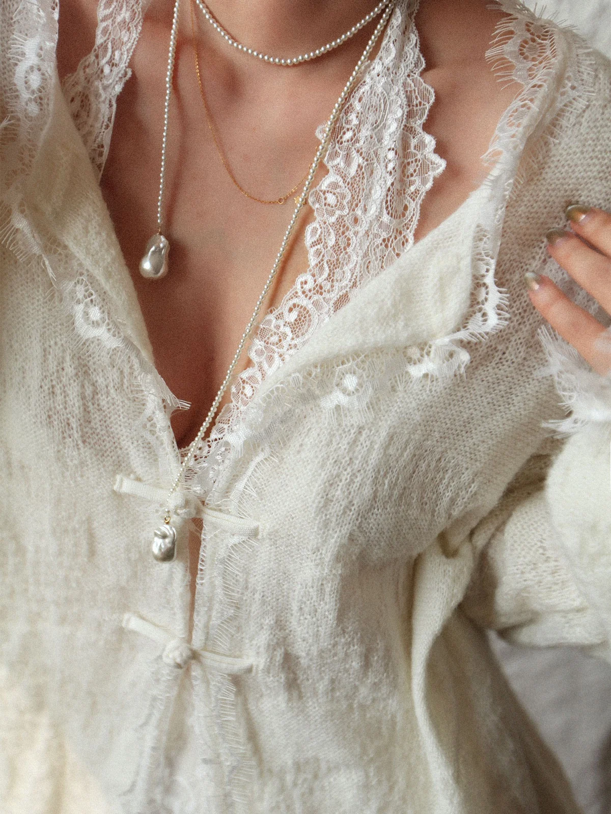 

White Moonlight Lace Splicing Knitted Open Cardigan New Chinese Sle Gentle Top Women's Ast Editor Store Soft Vintage Loose...