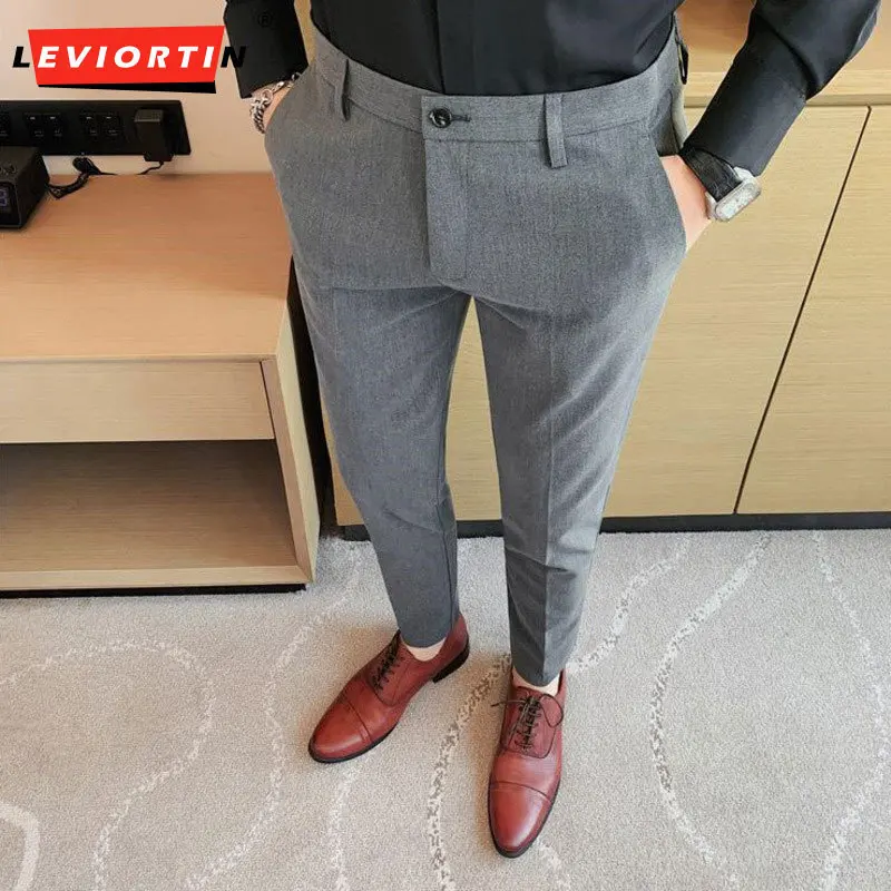 2023 Spring and Autumn Men's Brand Fashion Thin Solid Color Casual Slim Fit Small Foot Elastic Light Business Long Pants 28-38