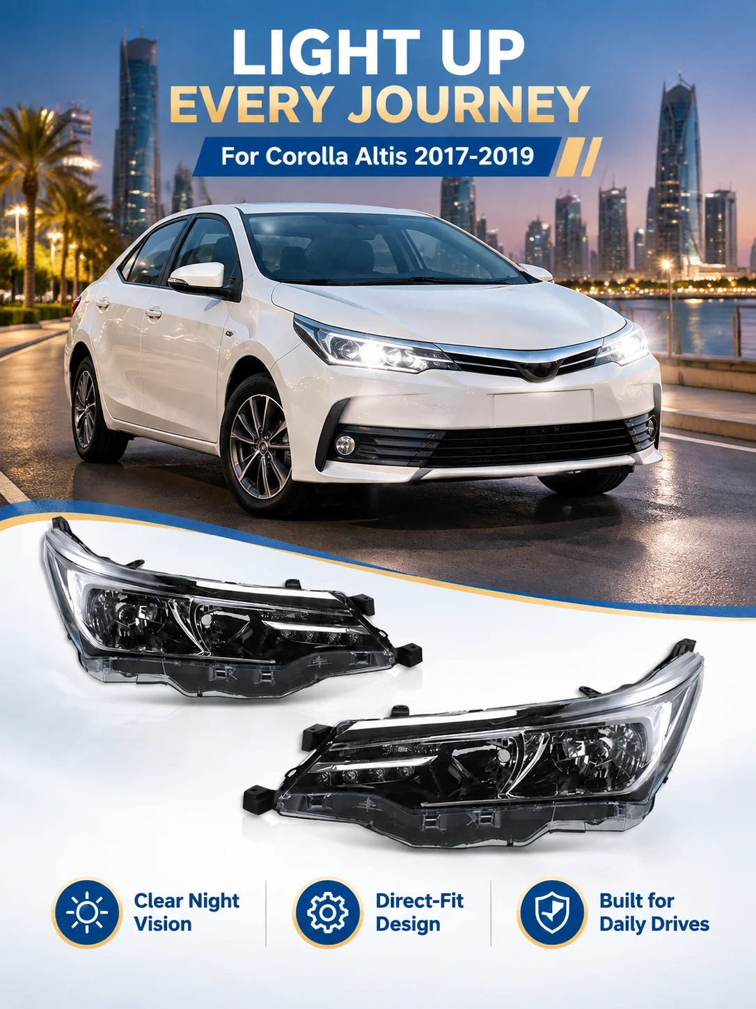 Headlight For Toyota Corolla Altis 2017-2019 Middle East Version, Heat & Dust Resistant, LED Lamp, Replacement Parts