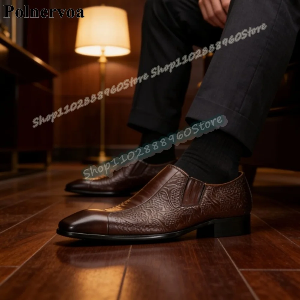 

High Quality Brown Leather Spicing Official Men Pumps Flats Dress Shoes For Men Slip On Banquet Fashion Catwalk 2026 Men Pumps