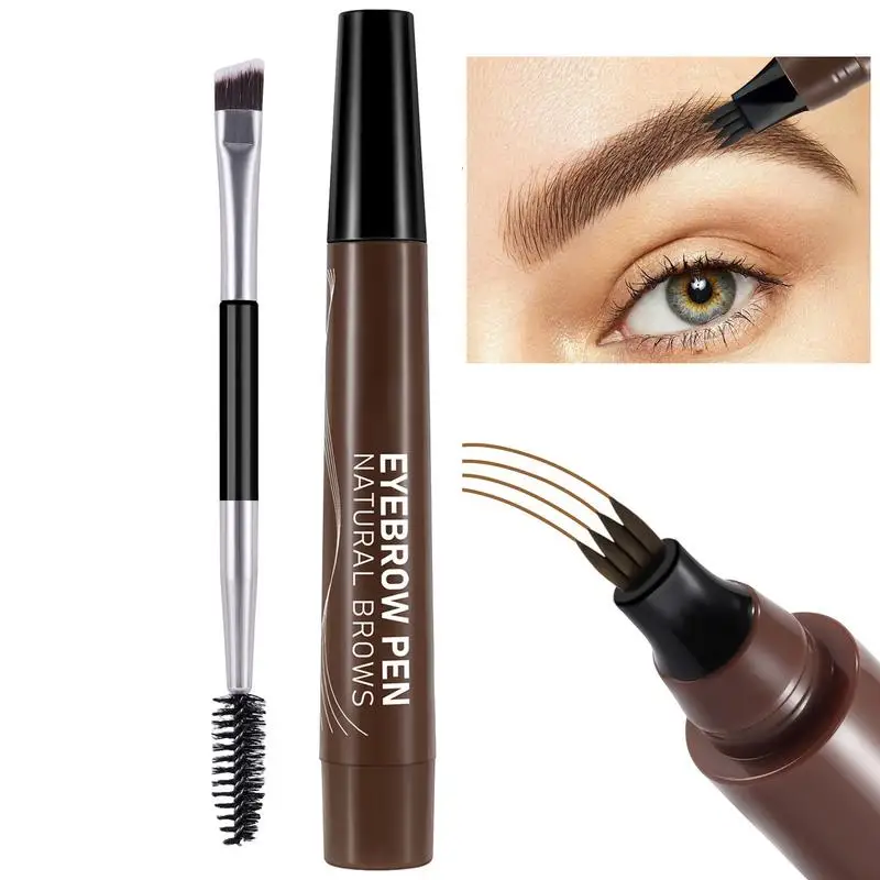 4-Tip Wenkbrauwpotlood Waterdicht 4 Vork Tip Wenkbrauw Tattoo Potlood Cosmetische Langdurige Natuurlijke Donkerbruine Vloeibare Wenkbrauwpen