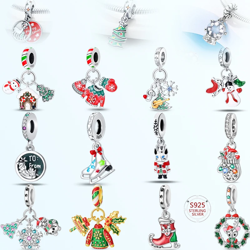 

Original 100% s925 sterling silver Christmas tree elk charm beads zircon suitable for women bracelet DIY jewelry making gift