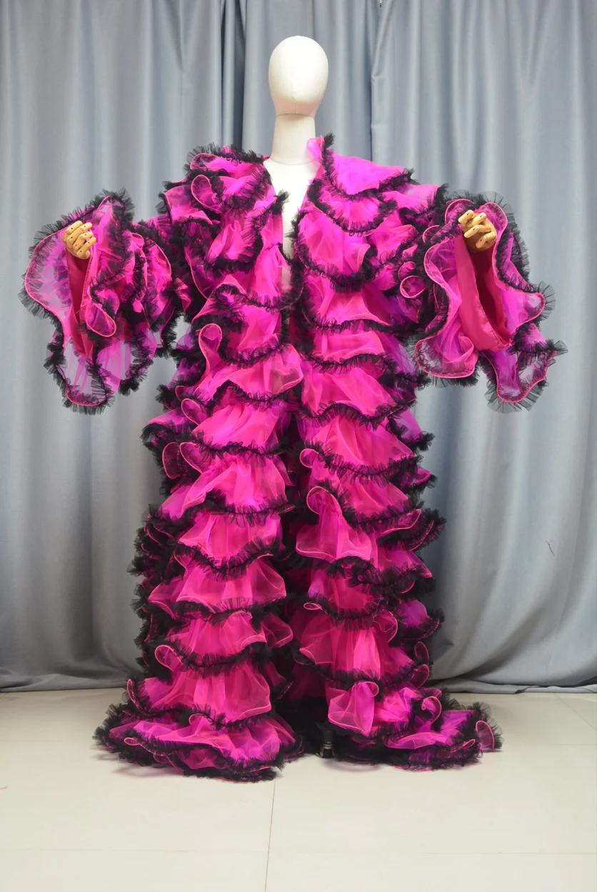 

Двухцветный плиссированный тюлевой халат с длинными рукавами, плащ для выступлений Drag Queen, свадебная накидка, индивидуальный цвет