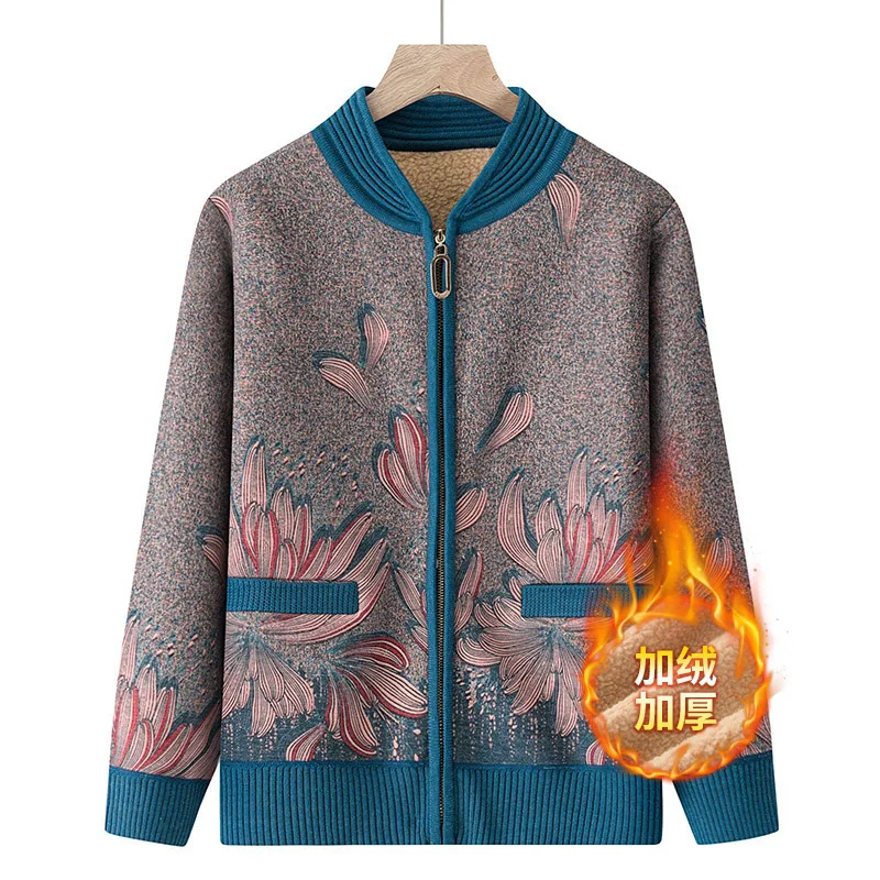 

Grandma's Sweater Cardigan Plus Velvet Middle-Aged Elderly Mother Autumn Winter Knitted Coat Thicken Warm Long Sleeve Top Women