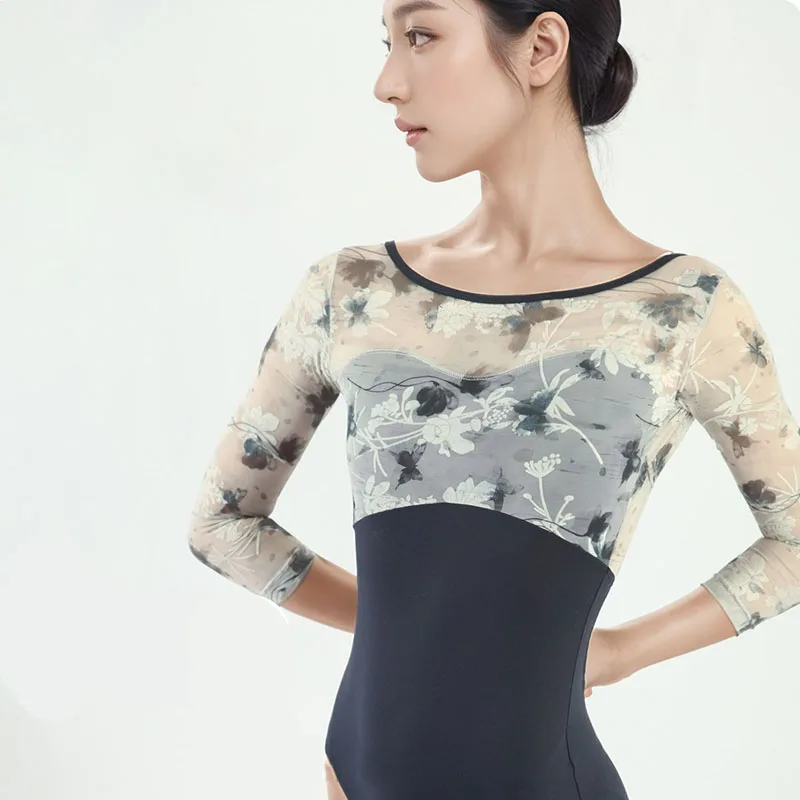 

Flocking print Women's Ballet Leotards Three-quarter Sleeves Dance Bodysuit Ballerina Leotard Girls Dancewear Dance Costume