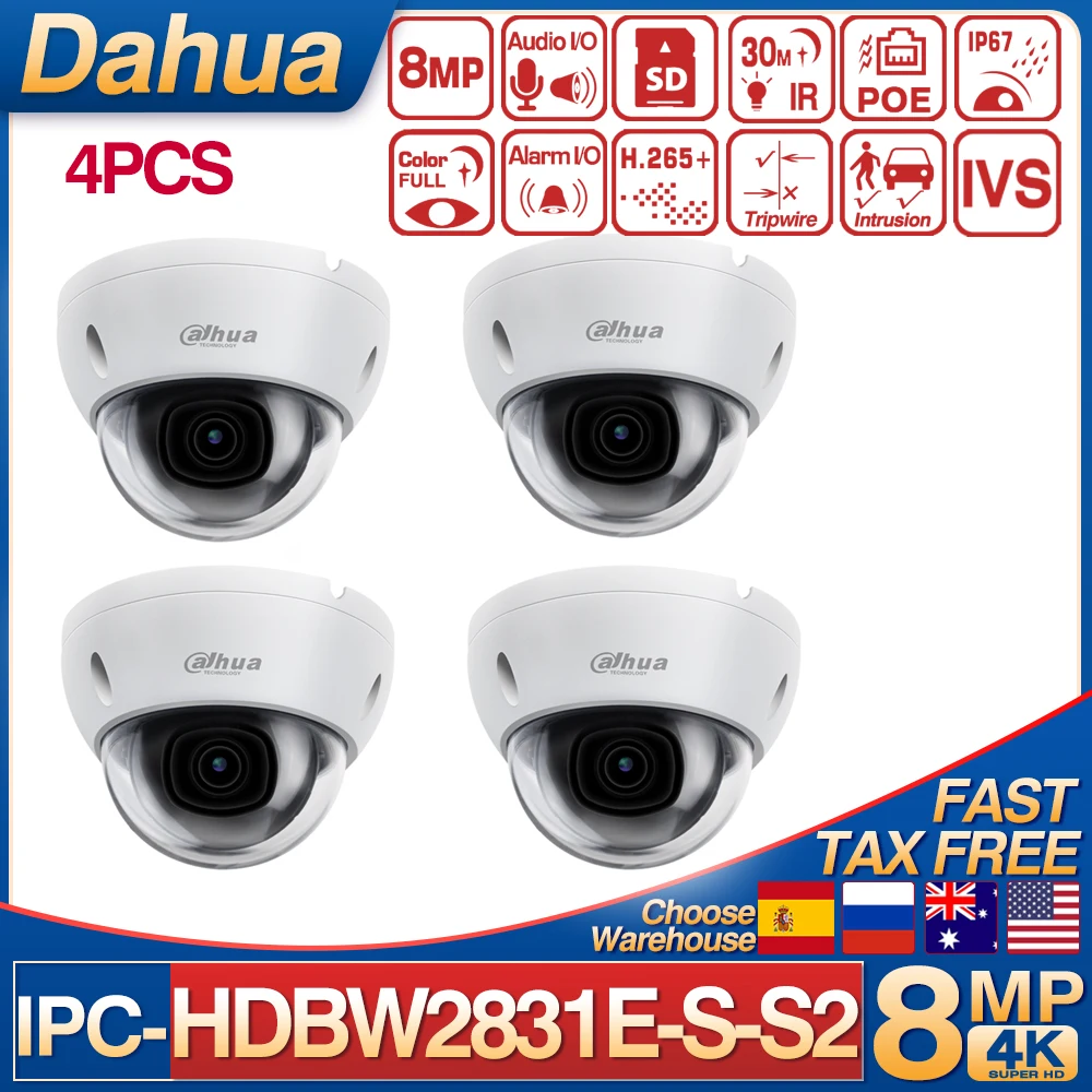 

4PCS Original Dahua 8MP IP67 Waterproof Dome IP Camera Security IPC-HDBW2831E-S-S2 IK10 IR 30M IR Fixed-focal Network Camera