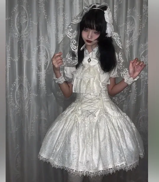 Spring White New Gothic Short Sleeve Subculture Lolita Shirt High Waist A-line Lace-up Age Reduction Cool Girls Lace Skirt Sets