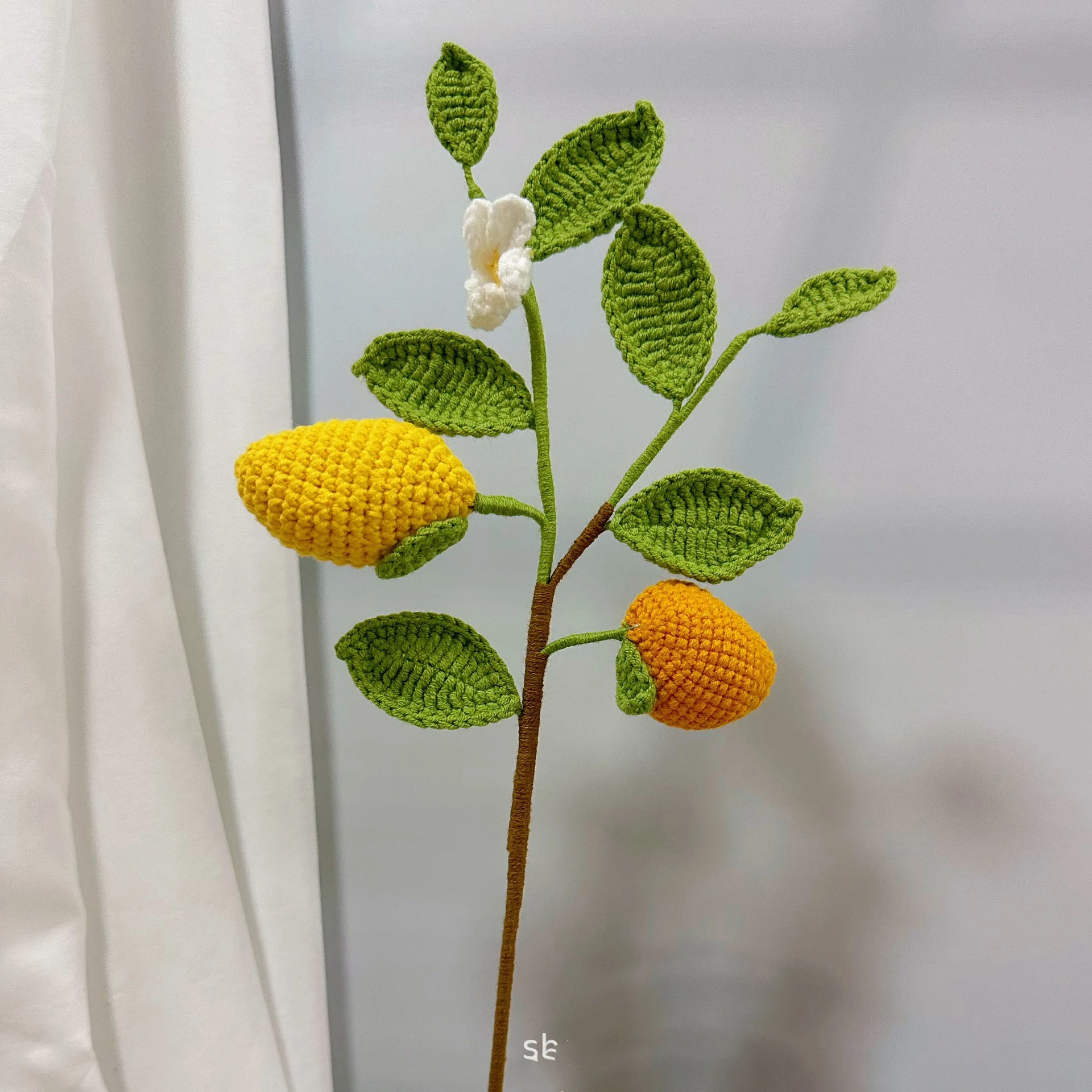 Kreative Strickarbeit: Fertige handgewebte Pflanzen- und Blumenzweige, gehäkelte Früchte, Raumdekoration, Geschenk – Detail 3