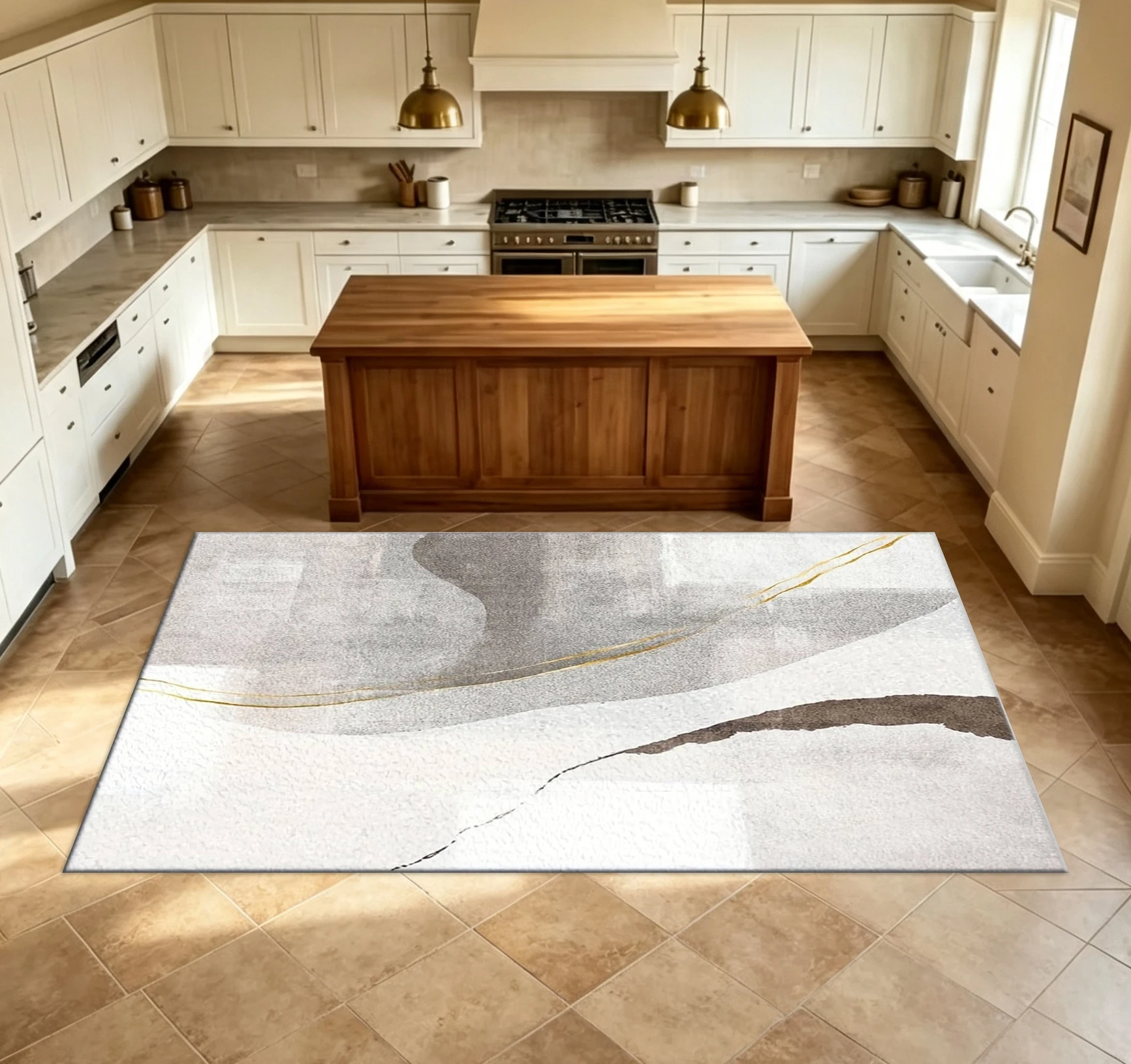 พรมปูพื้นลายหินอ่อนสีเทาเบจทอง - Printed Rug Abstract บทวิจารณ์และราคา