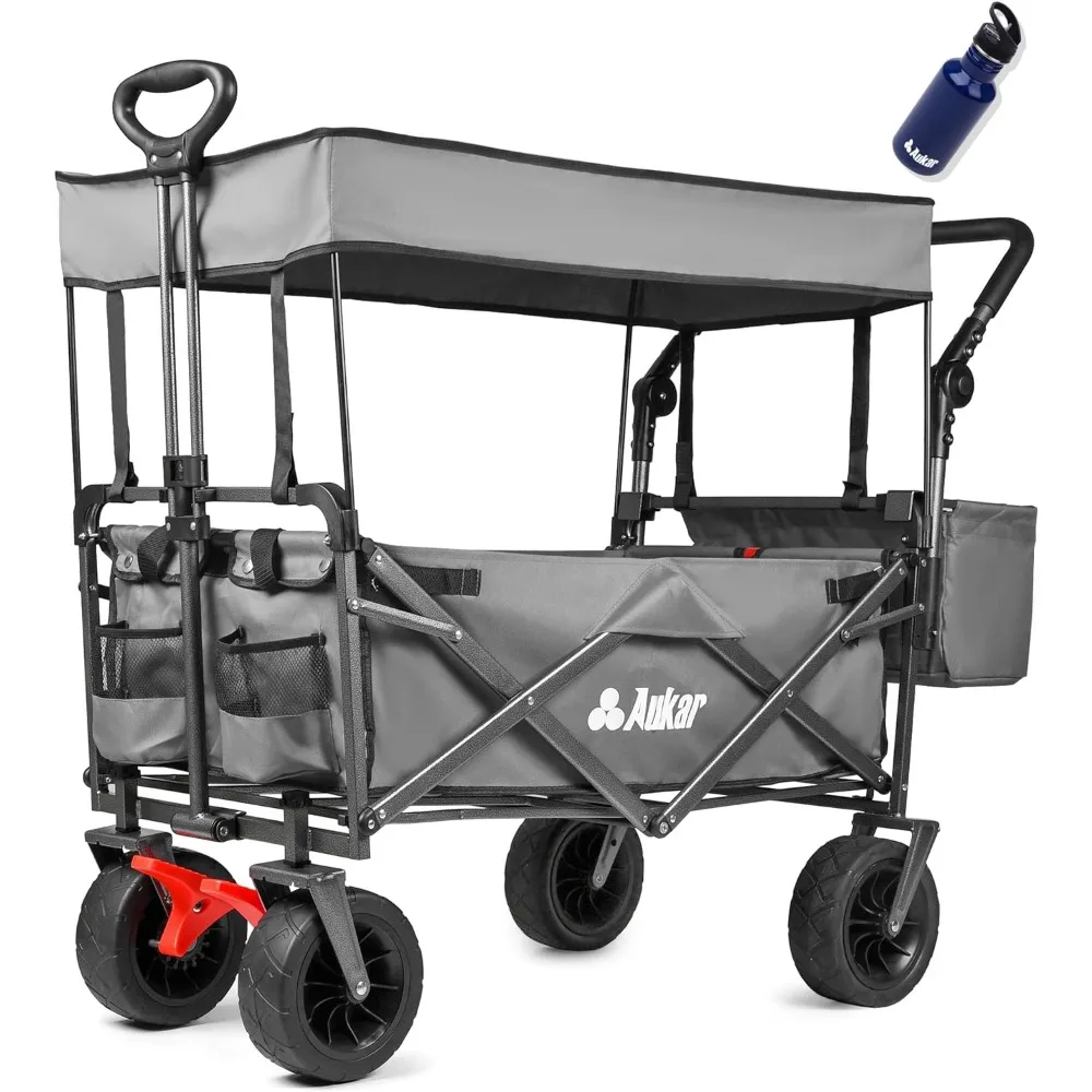 

AUKAR Collapsible Canopy Wagon - Heavy Duty Utility Outdoor Foldable Garden Cart - with Adjustable Push Pulling Handles