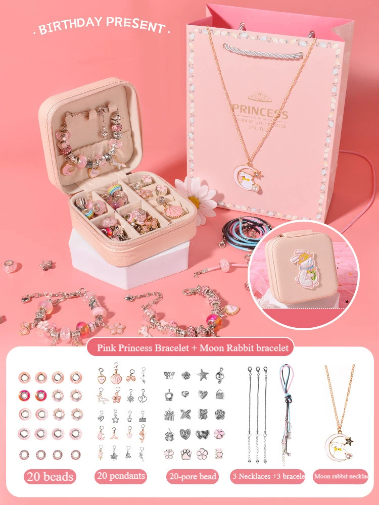 DIY handmade beaded bracelet Girl's birthday gift box set Pink handmade jewelry set