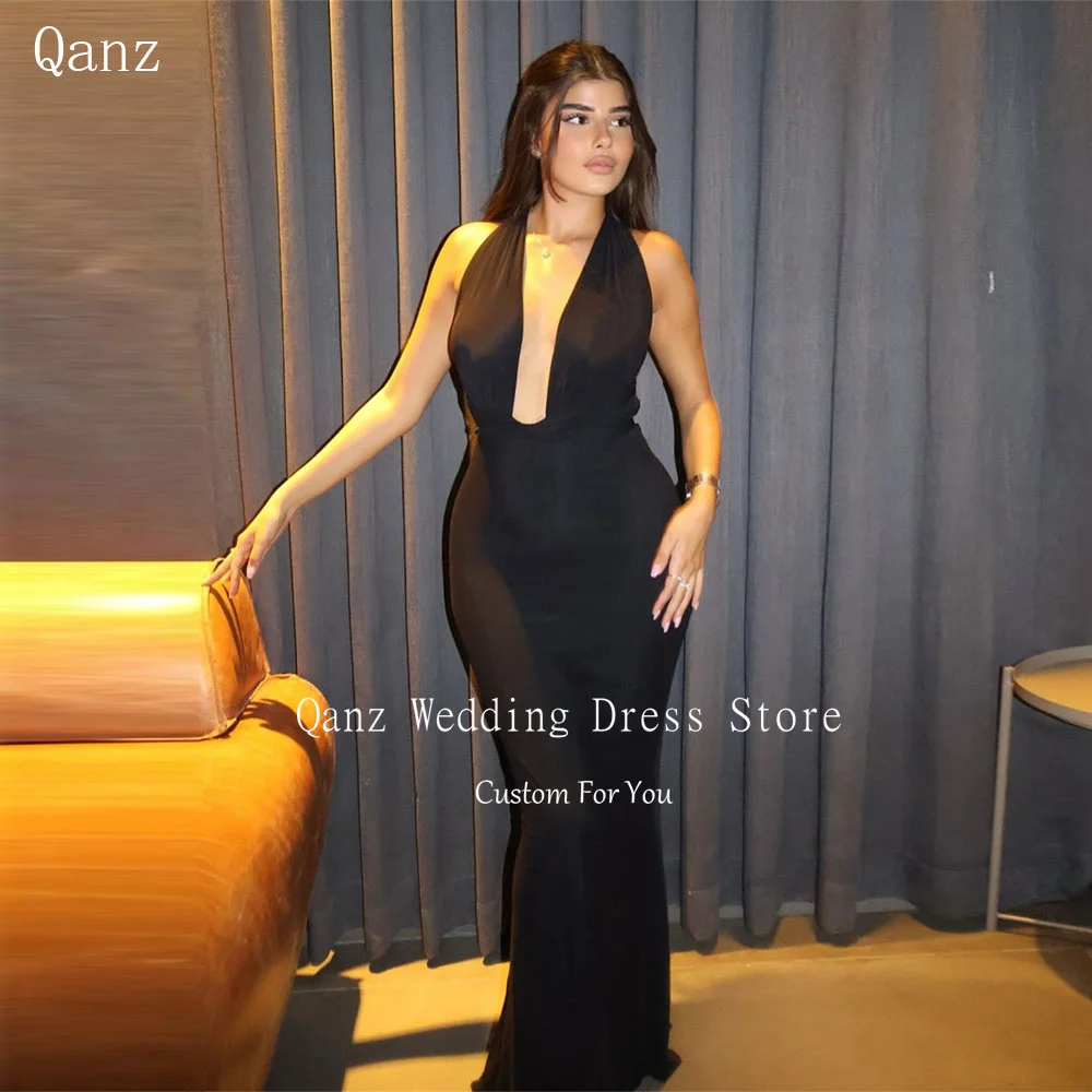 

Qanz Simple Black Satin Evening Dresses Women Deep V Neck Mermaid Dress For Wedding Guest Elegant Party Prom GownsCustomized