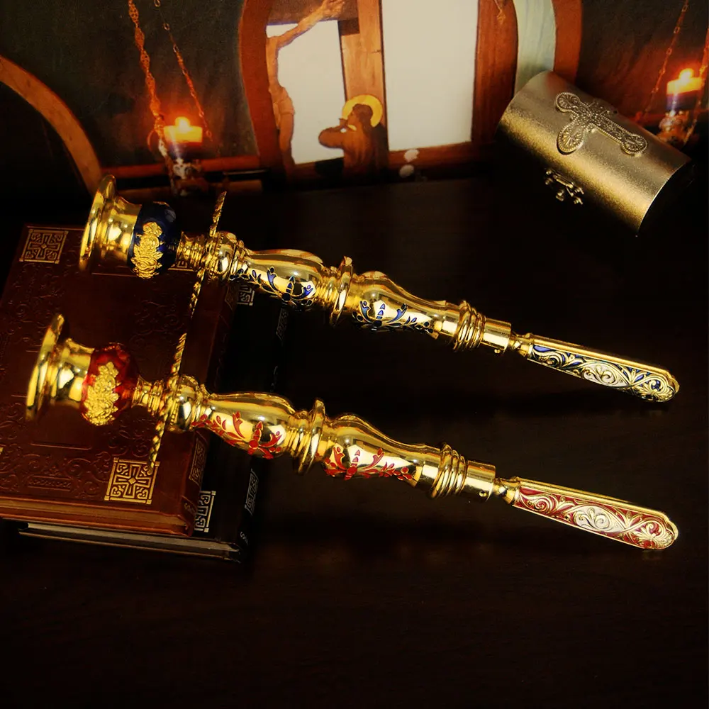 Church Handheld Candle Stick Holder Gold Plated Colorful Painting Candlelight Stand for Orthodox Catholic Activity