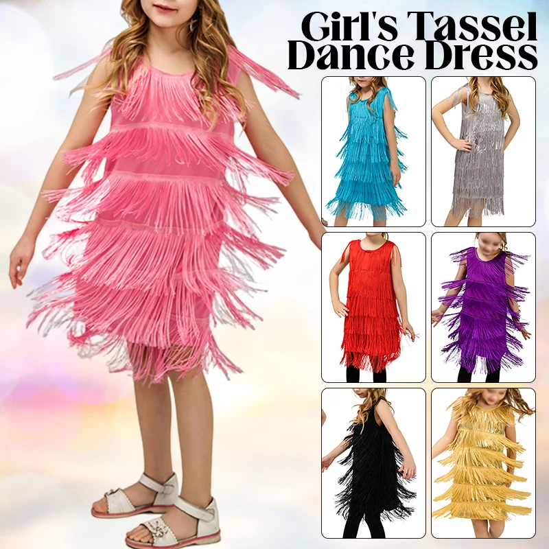 

Girls Tassel Latin Dance Dress Kids Tango Ballroom Samba Tango Fringe Dress Girl Professional Competition Performance Costume