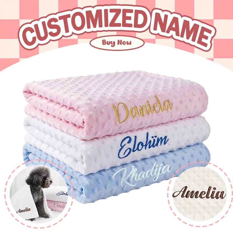 

Personalized Name Embroidery Pet Blanket, Soft Minky Dot Dog Blanket, Custom Warm Pet Bed Mat for Sleep Travel