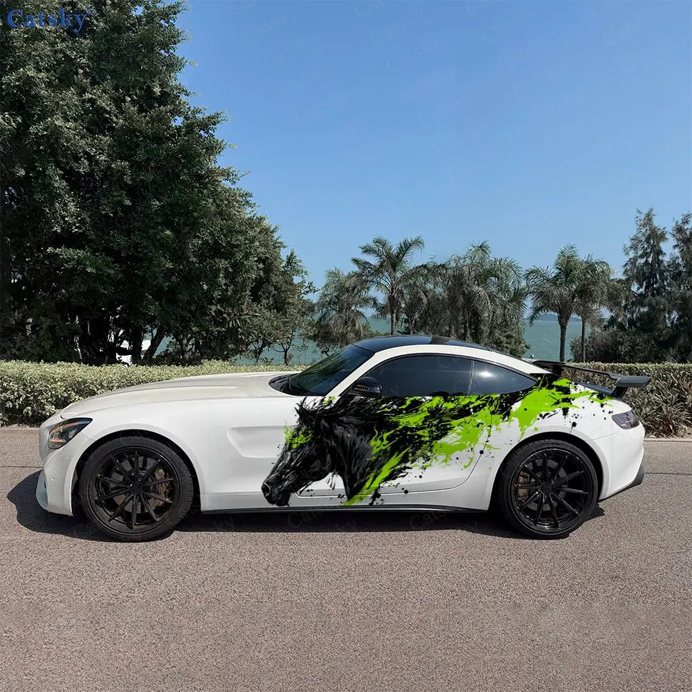 

2pcs Green Flame Black Horse Car Sticker; Full Body Decal Decoration Covering Scratches; Waterproof Car Sticker. Car Vinyl Wraps