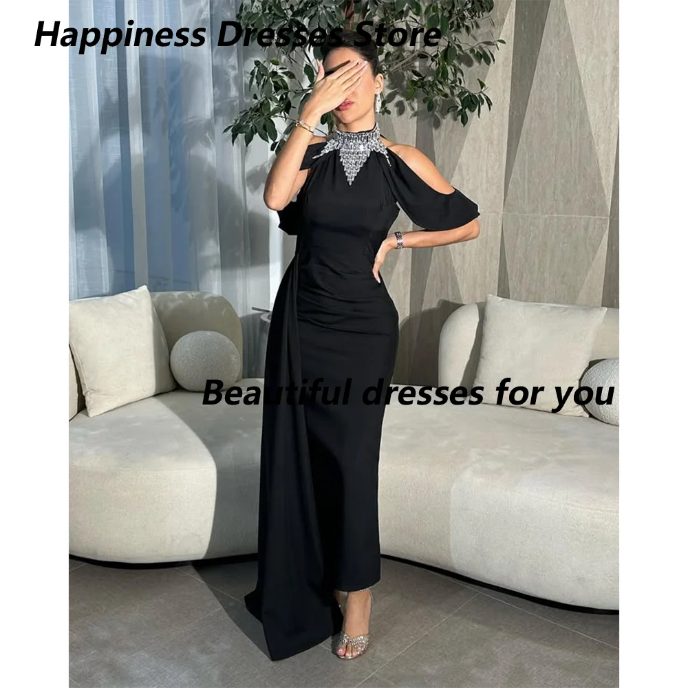 

Black Evening Dress Customized Crystal High Neck Ankle Length Trumpet Prom Gown Saudi Arab Midi Mermaid Evening Dresses