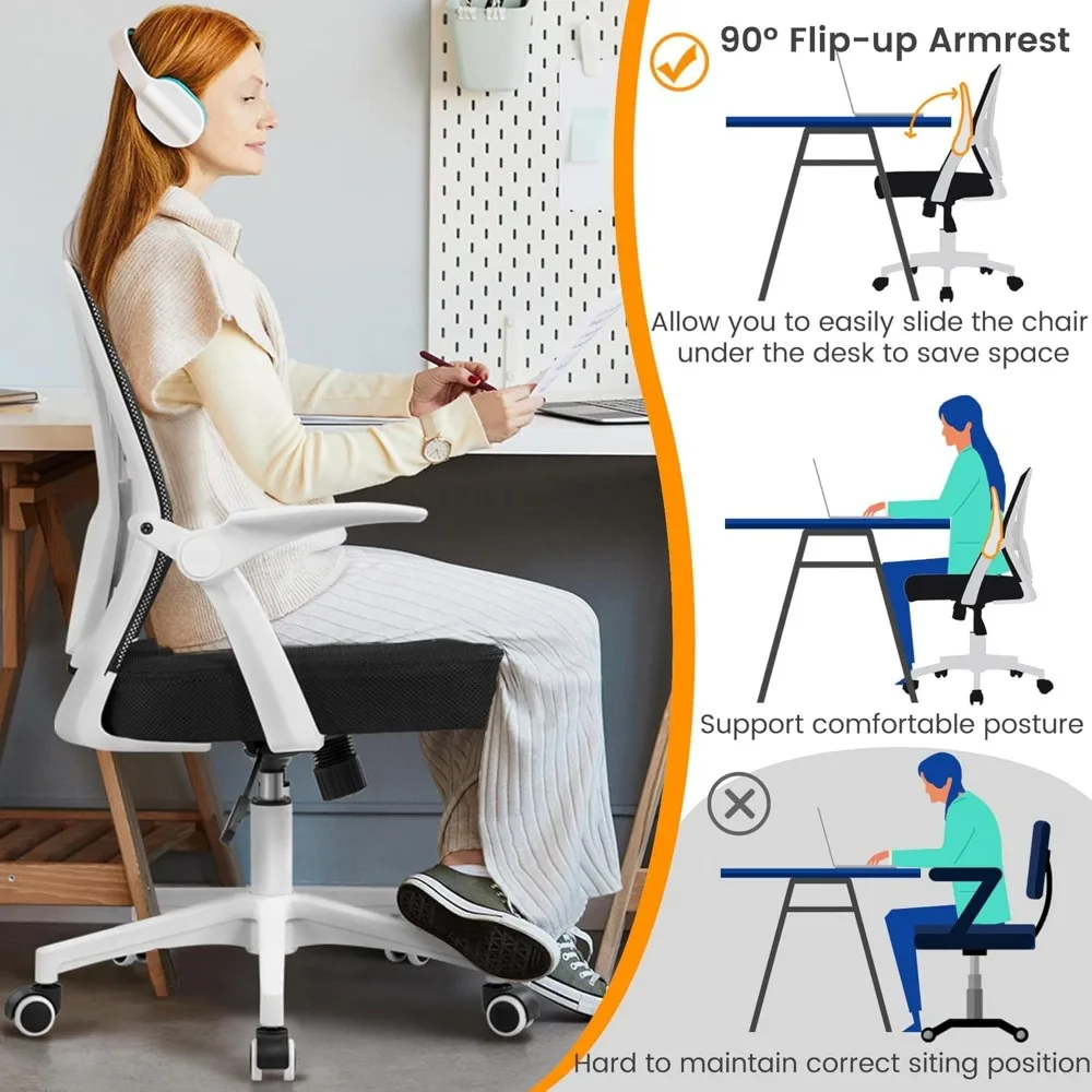 Ergonômica Mesh Desk Chair com braços flip-up, cadeira giratória ajustável, apoio lombar, Home Office, branco