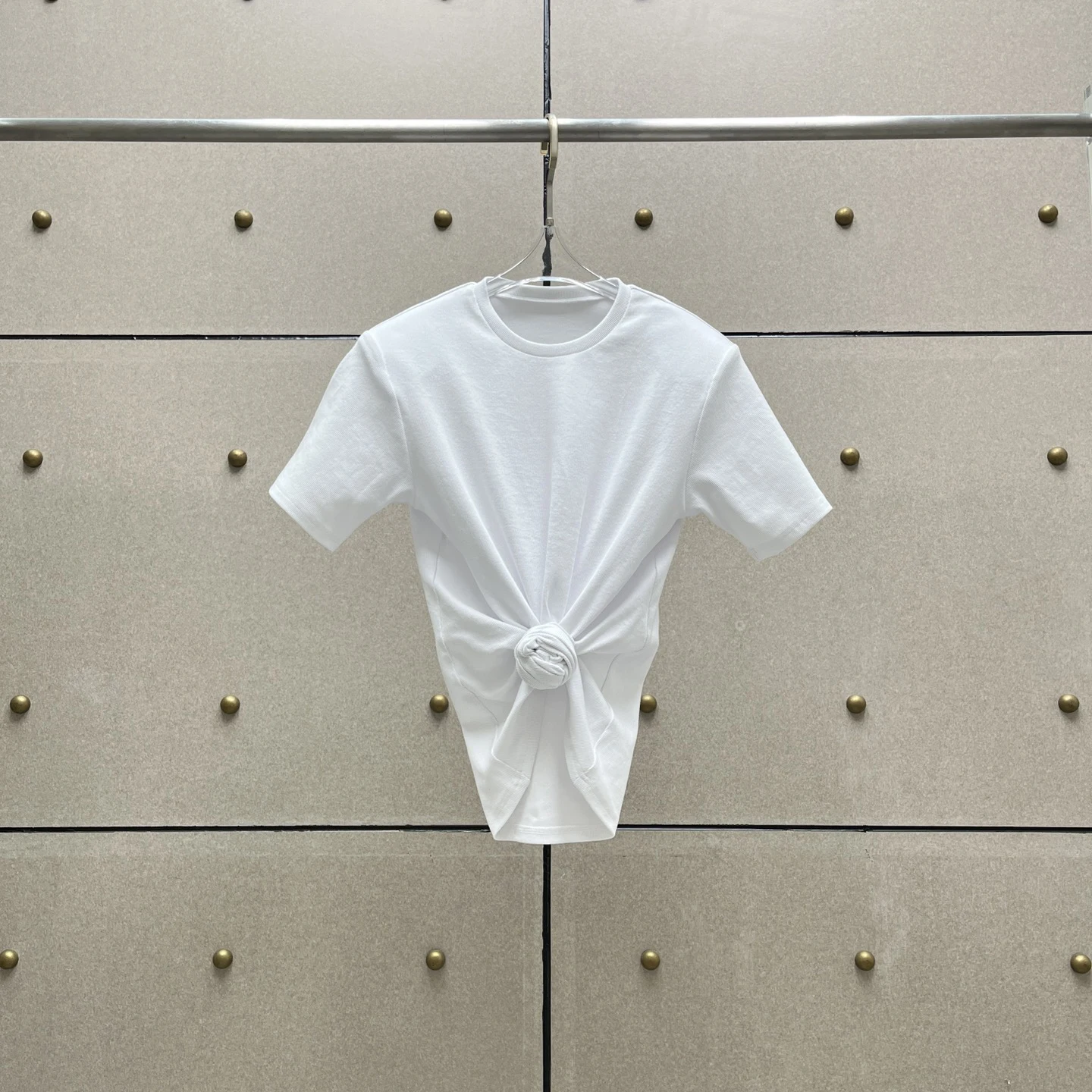 Women Cotton Blend Short Sleeve T-Shirt Crew Neck Front Twist Knot Slim Top Fashion Tee Irregular Casual Streetwear Daily Blouse