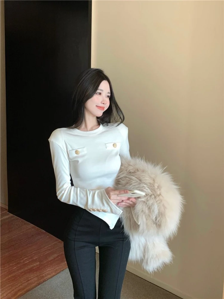Autumn White Women T Shirt Sexy Irregular Long Sleeve Stylish Shoulder Pad Slim Fit Short Length Base Layer Top