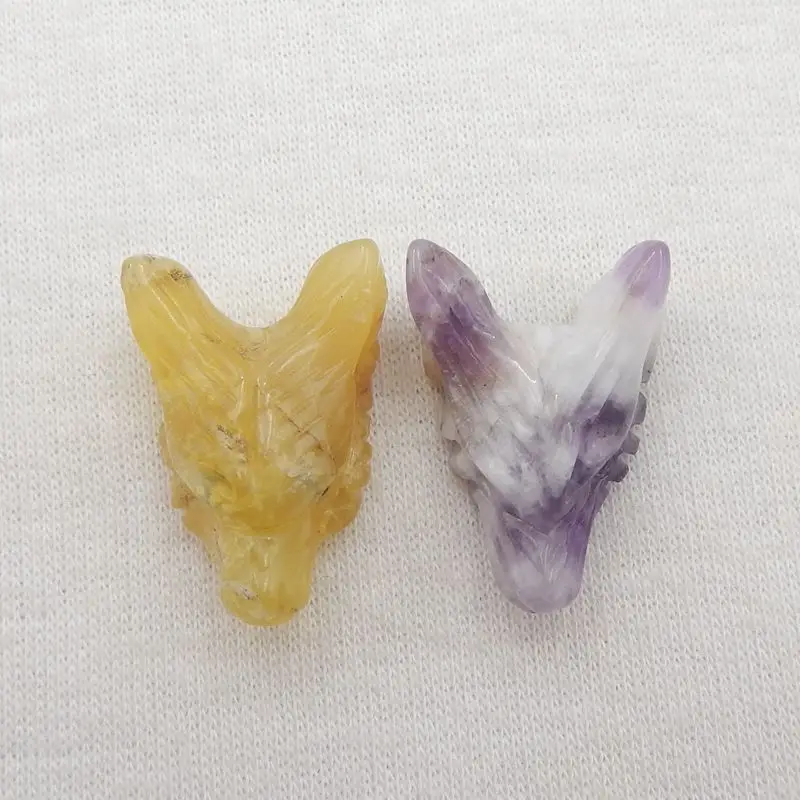 

2Pcs Natural Stone Yellow Opal,Amethyst Handcarved Wolf Head Pendant Beads 25x17x9mm 6g Fashion Jewelry Necklace Accessories