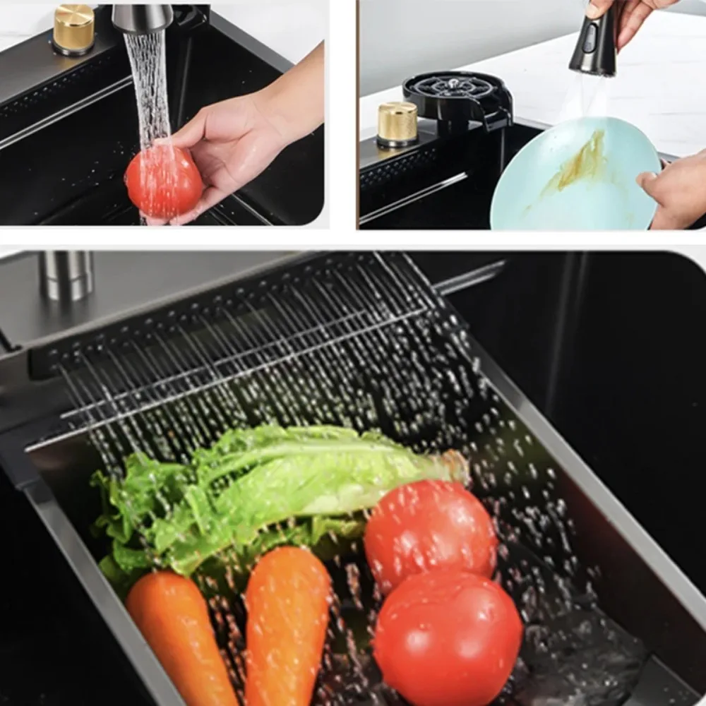 Stainless Steel Black Raindance Waterfall Kitchen Sink Large Single Bowl Wash Basin Sink Undercounter Topmount Faucet Drain