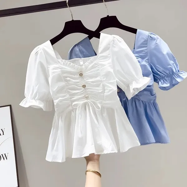 

Женская летняя тонкая шифоновая белая рубашка с квадратным воротником, подчеркивающая талию, скрывающая живот, в корейском стиле, с рукавами-фонариками