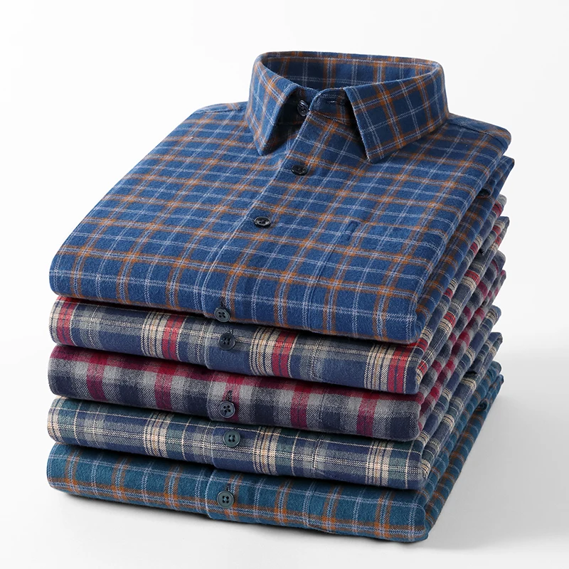 Męskie koszule z długim rękawem, wykonane w 100% z bawełny, z efektem vintage, z pojedynczym kieszeniem, w kratę, o dopasowanym kroju, codzienne, gładkie, miękkie, designerskie ubrania.