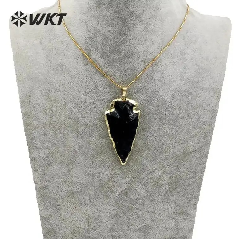WT-N1113 Bohemia Style Natural Stone Black Obsidian Arrowhead Pendant With18k Gold Plated 18 Inch Daily Necklace For Unisex