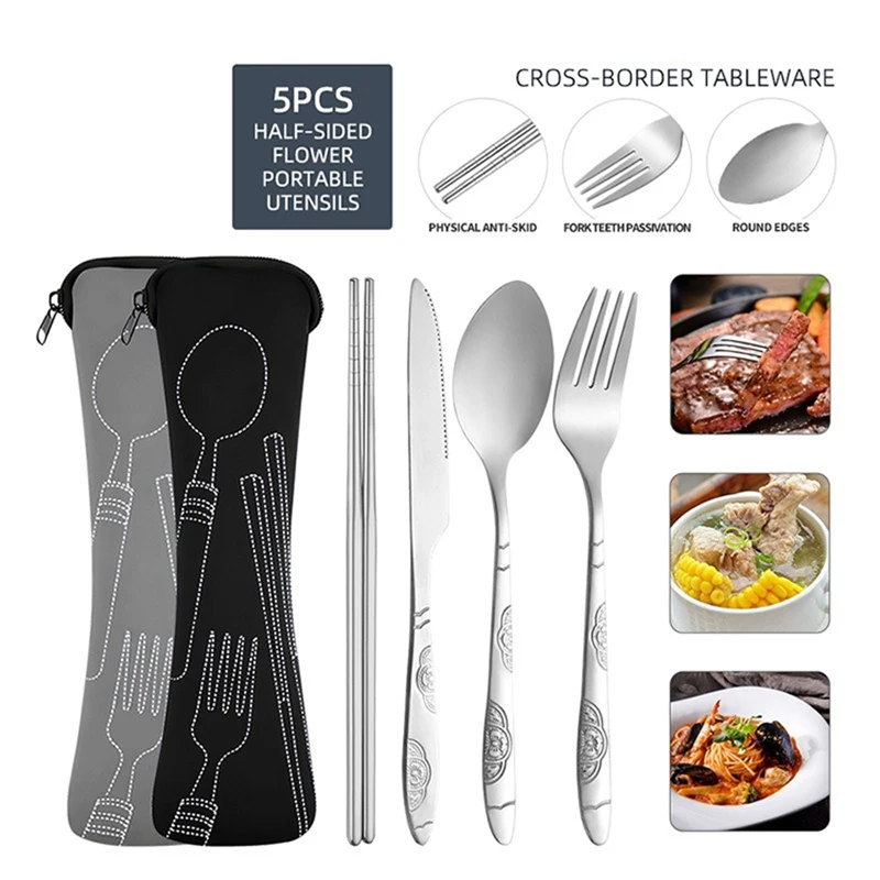 5Pcs Set Portable Cutlery Camping Fork Spoon Knives Travel Cutlery Set Cutlery Set Portable Outdoor Tableware with Bag DCS003