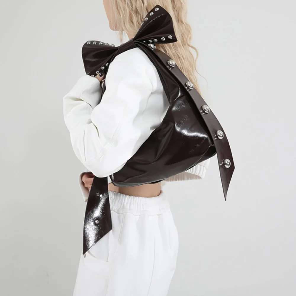 

Leisure Aesthetic Exaggerated Bow Bag Sweet Magnetic Buckle Rivet Shoulder Bag Handbag Chic PU Leather Bag Streetwear