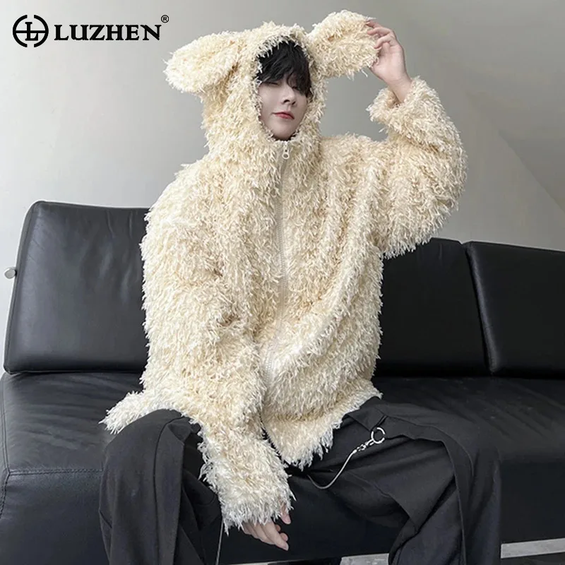 LUZHEN 2024 Winter Men's Jacket Loose Double Zipper Design Faux Fur Hoodies Coat Fashion Warm Trendy Tassels Clothes LZ6342