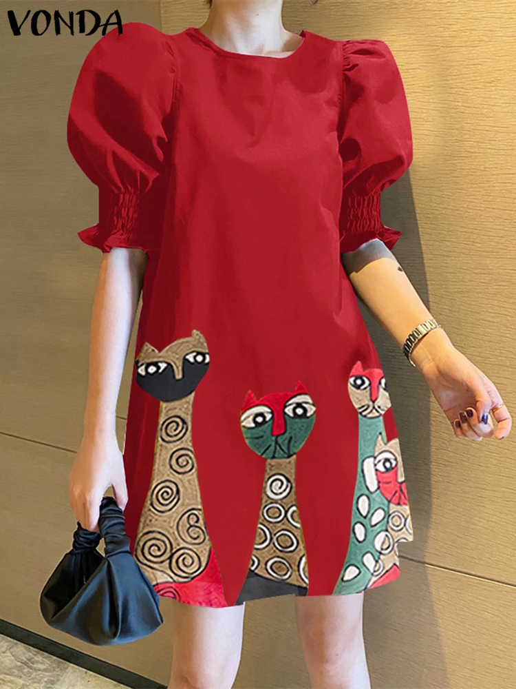 

VONDA Women Mini Dress Bohemian Short Sleeve Sundress 2025 Summer Printed Party Vestidos Casual Loose Beach Robe