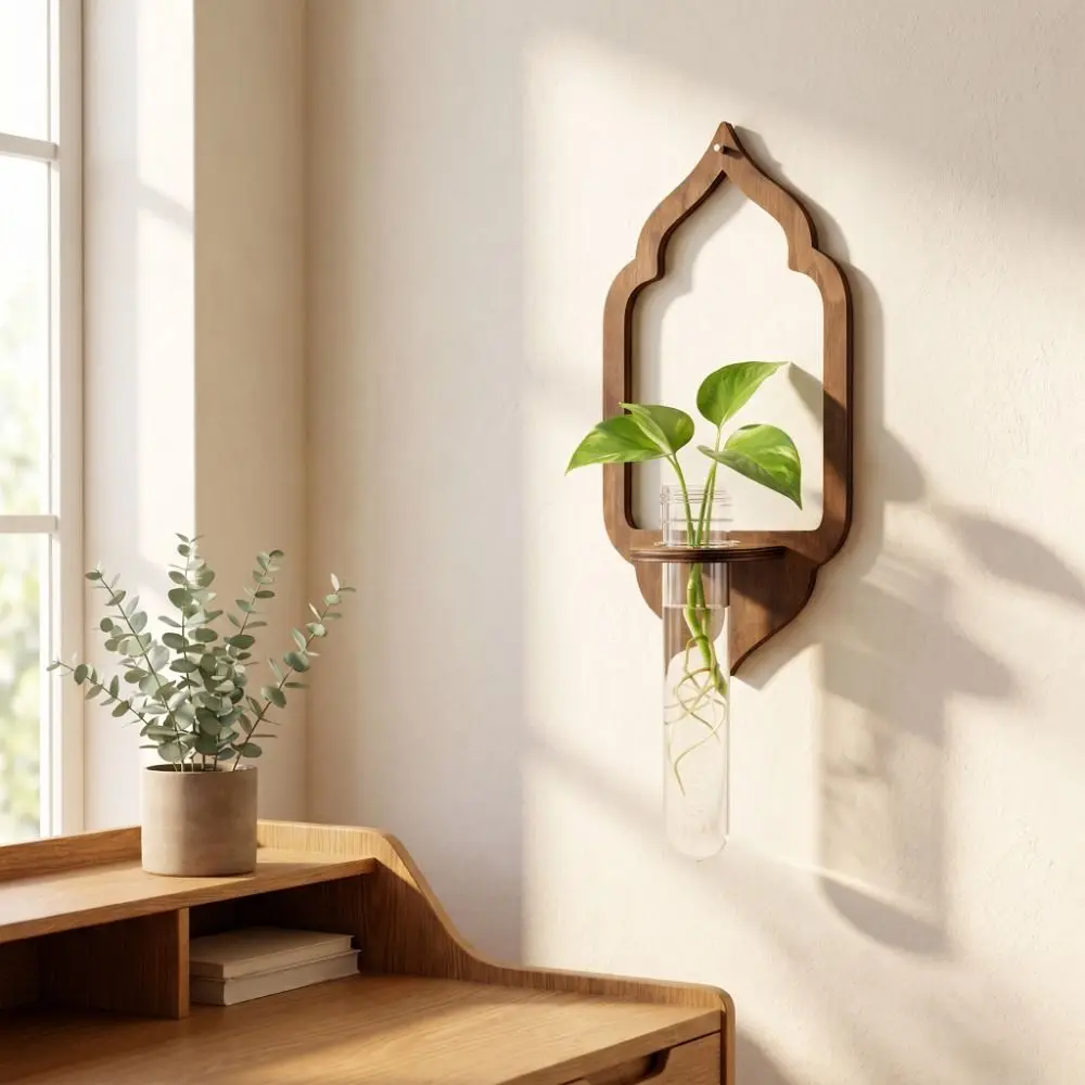 Flower Holder Wooden Lantern Planter Holder Vase Retro Wall Decoration Geometric Sun Jellyfish Wall