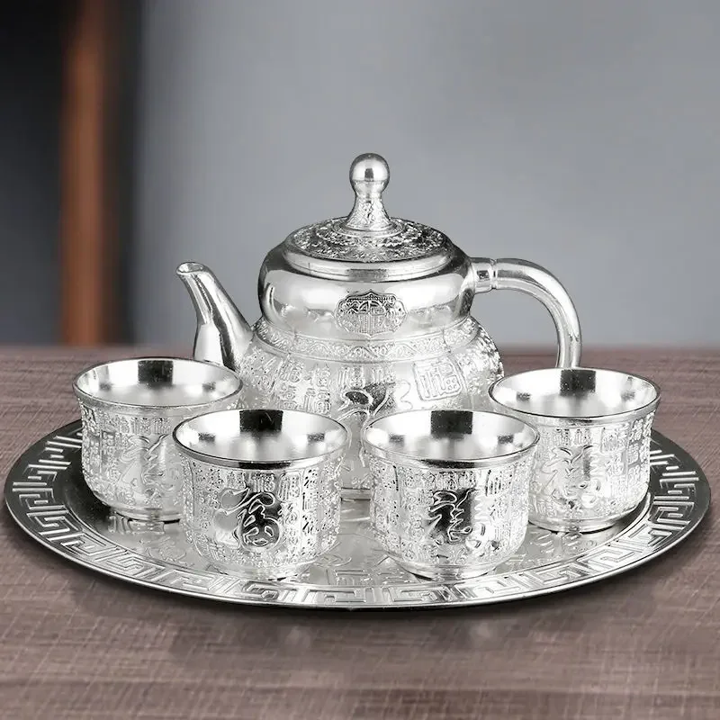 

High-grade Silver Tea Set Hand-gilt Silver Teapot Baifu Suit Silver-plated Tea Wine Set Chinese Wine Glass