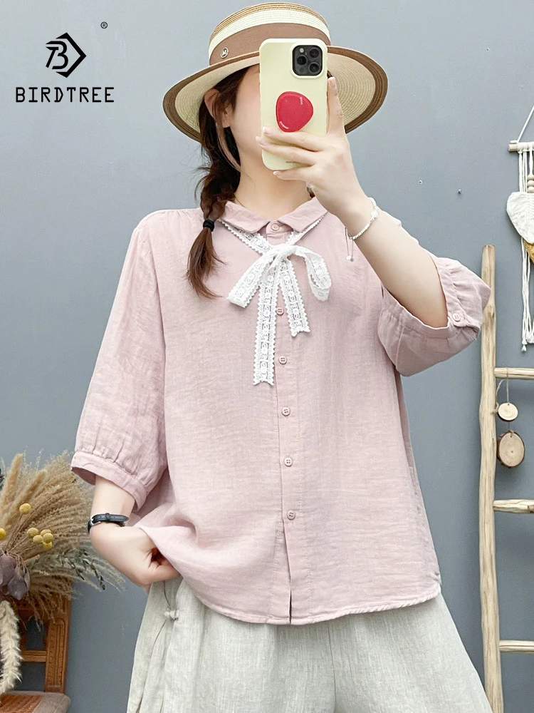 

New 2026 Summer Women Cotton Yarn Half Sleeve Shirt, Turn-down Collar Lace, Mori Girl Preppy Style Thin Loose Blouse T65456CC