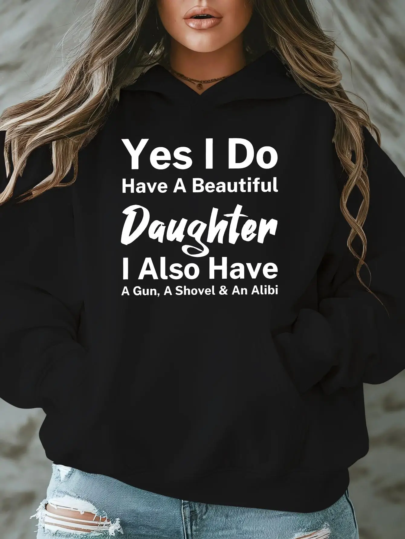 

Женский забавный свитер с принтом «Да, у меня есть красивая дочь» — пуловер с круглым вырезом и длинными рукавами из 100% полиэстера с карманом