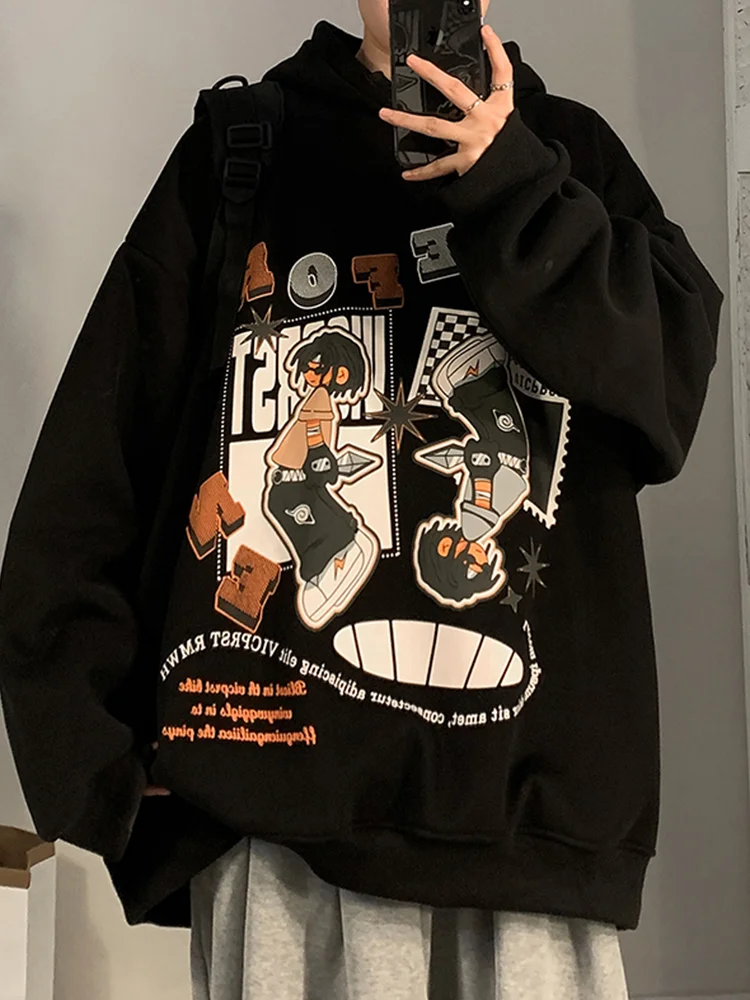 

Autumn Winter Retro Academy Style Hip Hop Boys Loose Comfortable Cartoon Printed Street Dance Casual Sports Long Sleeve Hoodie