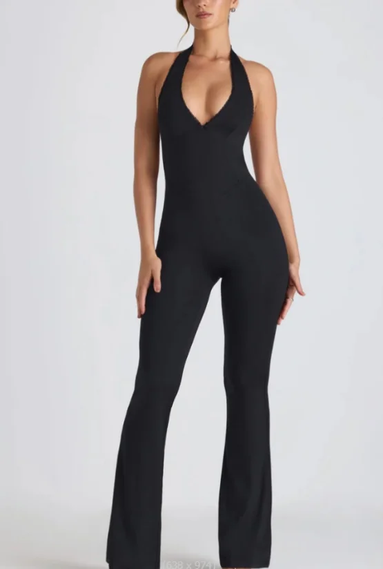 Solid color low cut U-neck elastic tight and sexy sleeveless jumpsuit women's fashion 2025 summer new women's clothing