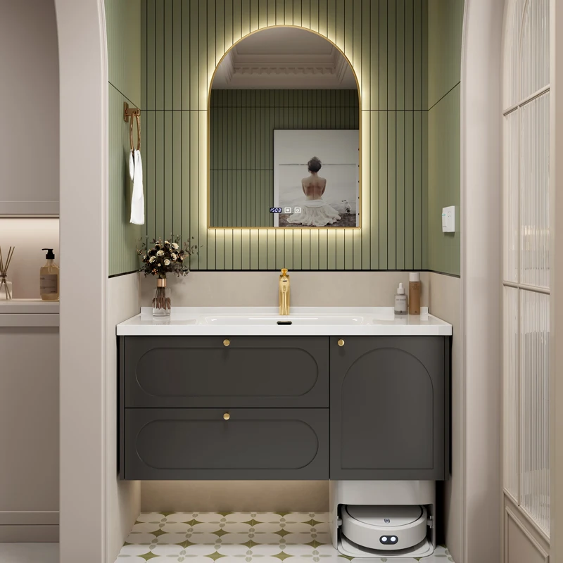 *&q French Retro Modern Wall-Mounted Water Resistant Bathroom Cabinet LED Customizable Oak Vanity Combo Mirror Sweeping Robot