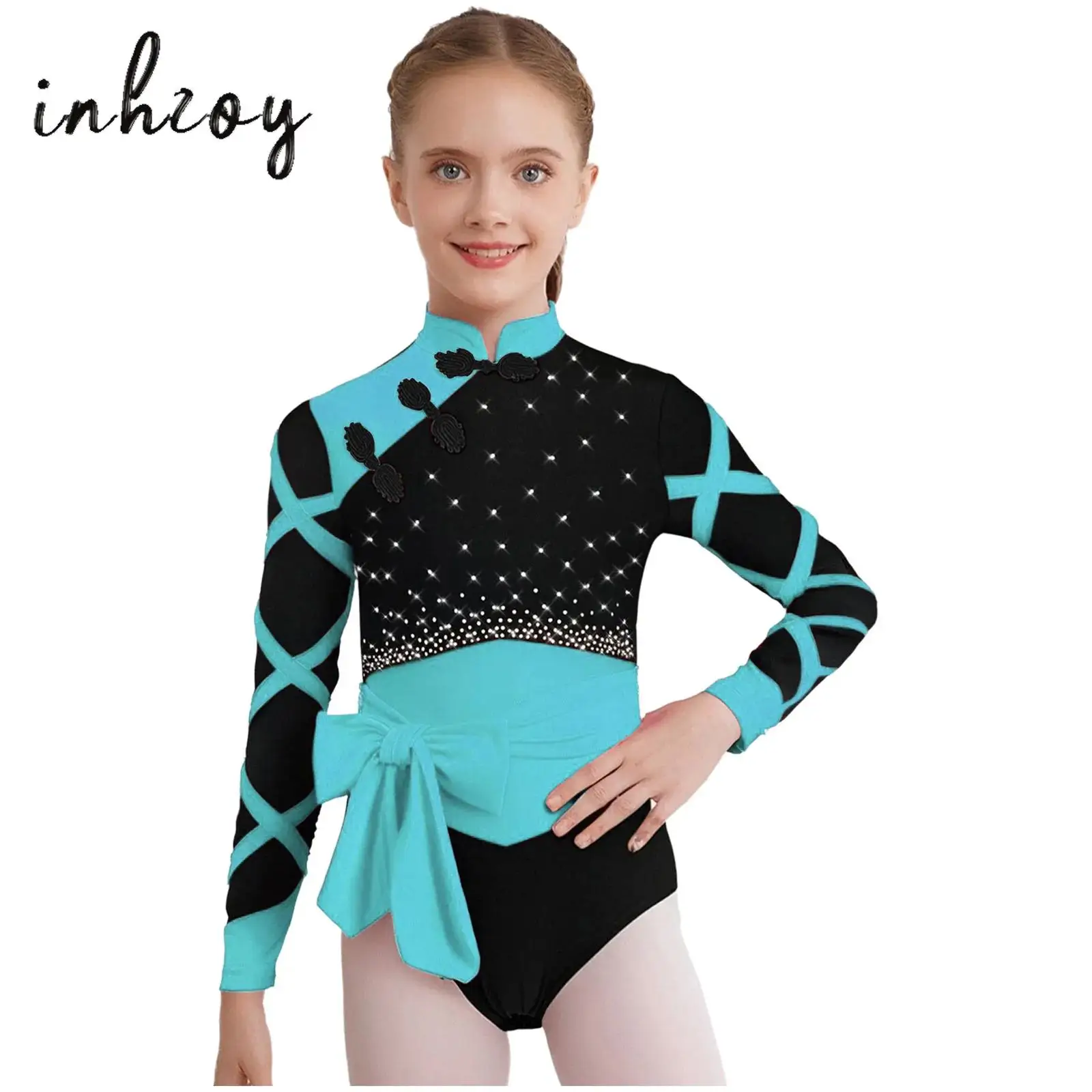

Kids Girls Chinese Style Gymnastics Leotard Knot Button Mandarin Collar Long Sleeve Rhinestones Color Block Dance Bodysuit+Belt